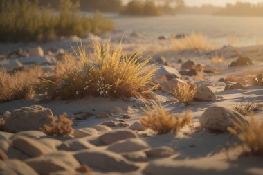Aydınlatılmış tepeleri, yansımaları, mavi gökyüzü ve gün doğumunda sarı güneş ışığıyla yüksek dağları olan güzel bir manzara. Güzel dağları olan inanılmaz manzaralar