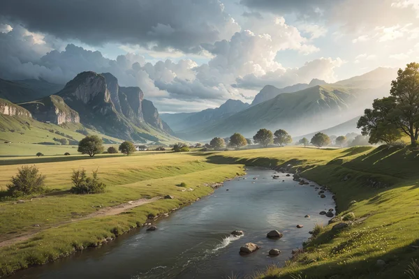 Vackert Landskap Med Höga Berg Med Upplysta Toppar Reflektioner Blå — Stockfoto