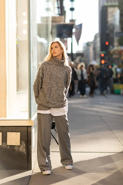 New York 'un güneşli caddesinde vitrin kenarında duran gri elbiseli şık genç bir kadın. 