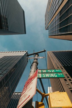 bottom view of road pole with pointers near skyscrapers in New York City
