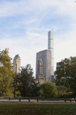 modern skyscrapers near urban park under blue and cloudy sky in New York City