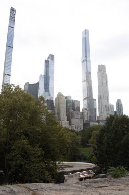 cityscape with modern skyscrapers and green park in New York City