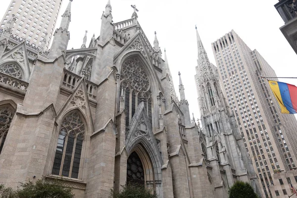 low angle view of ancient st patricks cathedral near modern skyscrapers in New York City