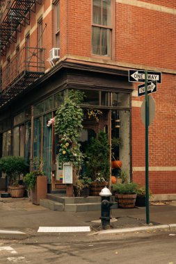red brick building with green potted plants near shop with showcases on street with road signs in New York City clipart