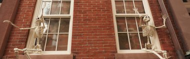 low angle view of creepy Halloween skeletons on white windows of brick house in New York city, banner clipart