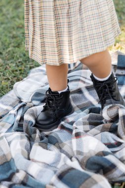 cropped view of baby girl in checkered skirt and boots standing on blanket near grass  clipart