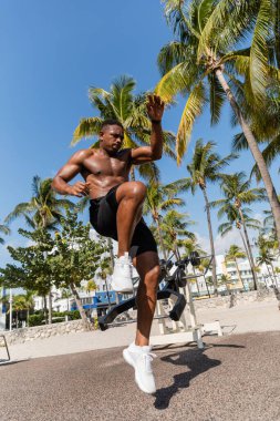 Miami plajında palmiye ağaçlarının yanına atlayan üstsüz Afro-Amerikan sporcusu. 