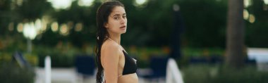 Güneşli, büyüleyici ve seksi esmer kadın Miami, ABD 'de lüks bir otelde siyah bikinili poz veriyor bulanık arka plan, tatil modu, yaz tatili, havuz partisi, afiş