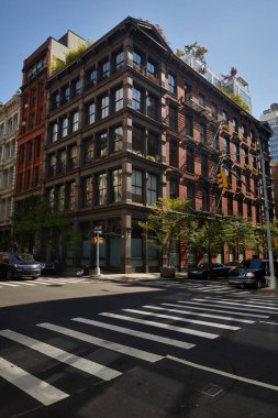 grey building and autumn trees on crossroad with traffic and pedestrian crossing in new york city clipart