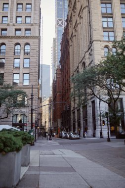 New York 'ta taştan binalar, arabalar ve sonbahar ağaçları olan manzaralı bir sokak, seyahat konsepti.