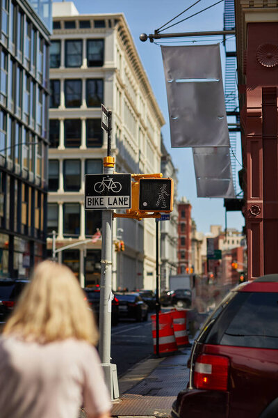 back view of blurred pedestrian on street with bike lane sign and traffic lights in new york city