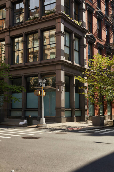 серое здание с большими окнами возле осенних деревьев и пешеходного перехода в Нью-Йорке