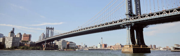 Scenic view of manhattan bridge under blue sky over east river with new york city cityscape, banner
