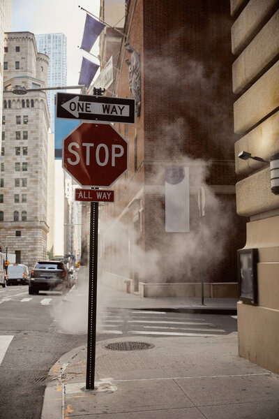 steam near traffic signs on roadway of avenue in downtown of new york city, metropolis environment