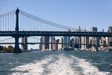 New York 'taki East River' ın Köprü ve ufuk çizgisi manzarası.