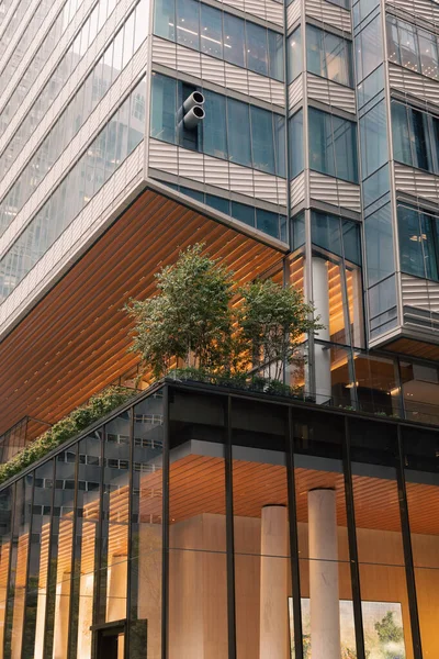 Современное здание со стеклянным фасадом и зелеными растениями на террасе в Нью-Йорке — стоковое фото