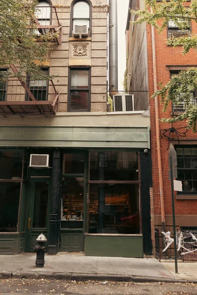 Здания и пожарный гидрант на городской улице в Нью-Йорке — стоковое фото