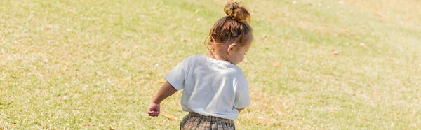 Back view of toddler girl in white t-shirt walking on green grass, banner — Stock Photo