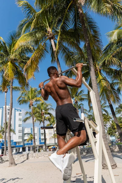 Back view of shirtless african american sportsman in shorts doing pull ups in Miami — Stock Photo