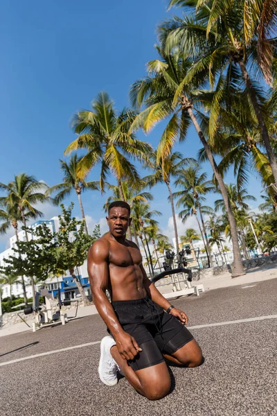 Sem camisa Africano americano desportista descansando após o treino ao lado de palmeiras na praia de Miami — Stock Photo