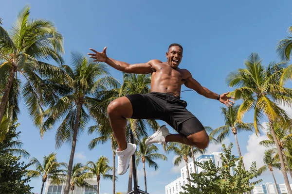 Vista de ángulo bajo del deportista afroamericano emocionado saltando cerca de palmeras verdes después del entrenamiento en Miami - foto de stock