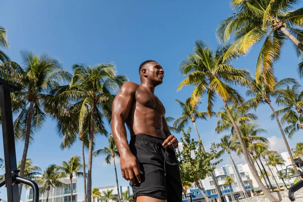 Vista de bajo ángulo del alegre deportista afroamericano en pantalones cortos parados junto a palmeras en Miami - foto de stock