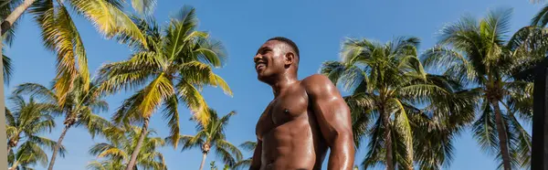 Low angle view of cheerful african american sportsman standing next to palm trees in Miami, banner — Stock Photo