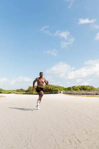 Sem camisa Africano americano desportista em shorts correndo na areia na praia de Miami — Fotografia de Stock
