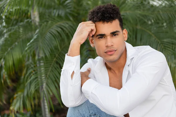 Bello e giovane cubano con i capelli ricci in camicia bianca e jeans in posa vicino alle palme — Foto stock