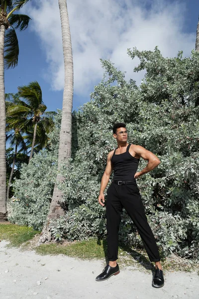 Young cuban man in black outfit and eyeglasses near green plants outdoors in Miami, south beach — Stock Photo