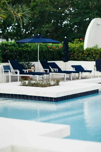 Vacanza e concetto di vacanza, lettini blu e sedie all'aperto vicino ombrelloni intorno a palme verdi e piante tropicali accanto alla piscina all'aperto in hotel, resort di lusso, estate — Foto stock