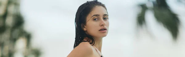 Sommerurlaub, sexy brünette Frau mit gebräunter Haut, Touristin blickt im Urlaub in Miami in die Kamera, verschwommener Hintergrund, Urlaubsstimmung, sonnengeküsst — Stockfoto