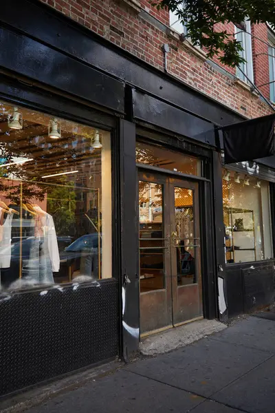 Магазин одягу зі скляними вітринами на вулиці в торговому районі Нью-Йорка, міська сцена — Stock Photo