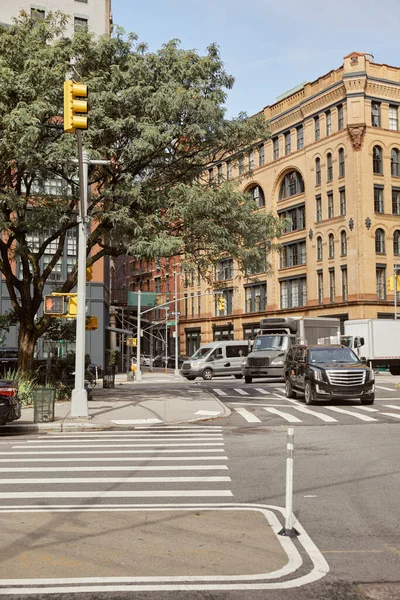 Coches que se mueven en el cruce con semáforos cerca de los árboles en la calle urbana en la ciudad de Nueva York, escena de otoño - foto de stock
