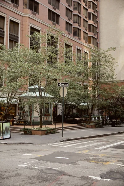 Дерева з осіннім листям біля кам'яної будівлі на міській вулиці міста Нью-Йорка, автономна сцена — стокове фото