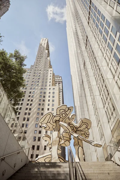 Low angle view of creative art installation near stairs and skyscrapers in new york, street scene — Stock Photo