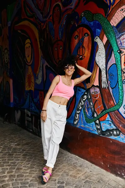 A stylish woman poses against a vibrant graffiti wall during her European travels. — Stock Photo
