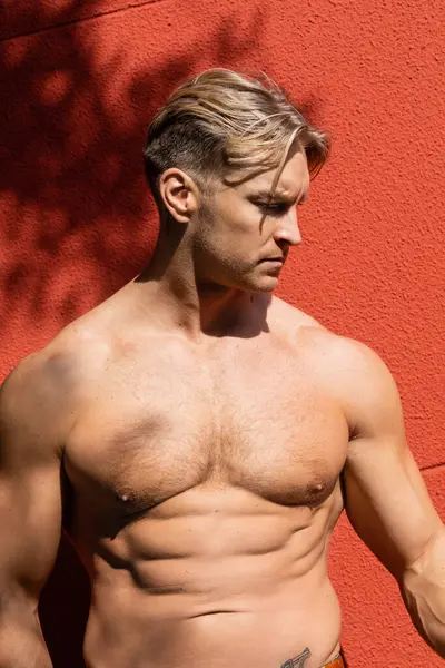 A shirtless, muscular blonde man with a defined six-pack poses against a red wall, looking down with a serious expression. — Stock Photo