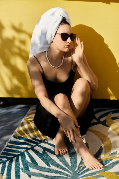 A stylish young woman relaxes in a black slip dress and sunglasses, her hair wrapped in a towel, at a villa pool in Miami. — Stock Photo
