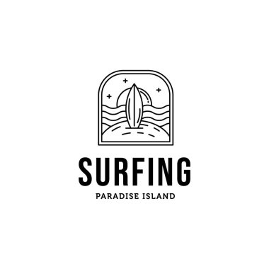line art beach moonlight star minimalist logo vector illustration design, surfing logo design