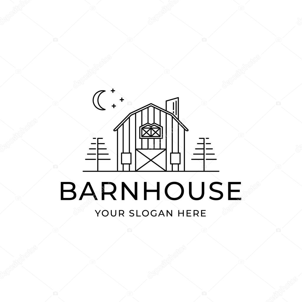 Barn house moon star pine tree line art minimalist logo vector illustration design