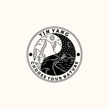 Dağ bulutu kampı güneşi çam ağacı okyanus dalgası balina su hattı sanat minimalist logo çizimi illüstrasyon tasarımı