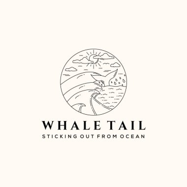 Okyanus balinası kuyruğu güneş bulutu çizgisi sanat logosu vektörü minimalist çizim tasarımı