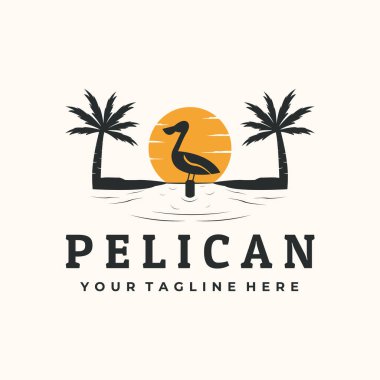 Pelikan plajı kuş vintage logo vektörü minimalist illüstrasyon tasarımı, gün batımı sembolü tasarımlı pelikanlar.