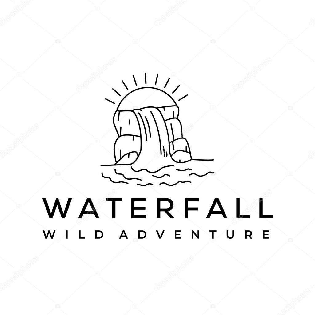 Waterfall sun rock line art logo vector minimalist illustration design