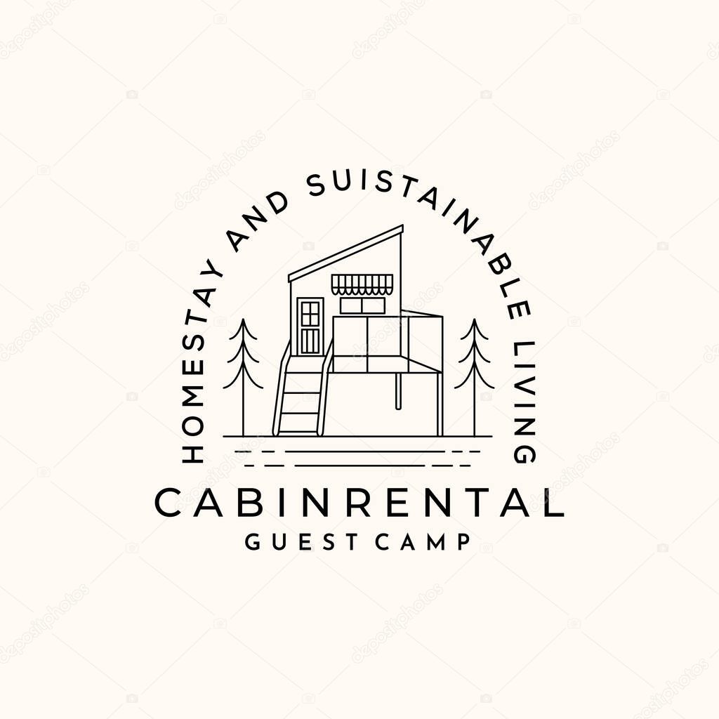 Cabin camp line art logo vector minimalist illustration design, cabin rental symbol design