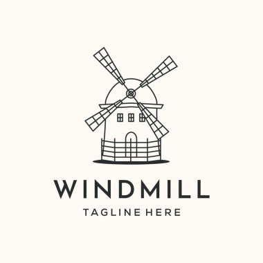 Yel değirmeni çizgisi sanat logosu vektör minimalist illüstrasyon tasarımı, rüzgar enerjisi logosu tasarımı