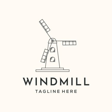 Geleneksel yel değirmeni çizgisi logo vektörü minimalist illüstrasyon tasarımı, rüzgar çiftliği logosu tasarımı