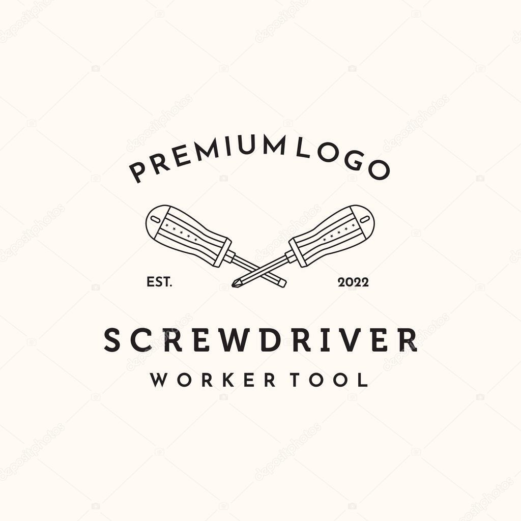Twin screwdriver line art logo vector minimalist illustration design, double screwdriver for repairing logo design