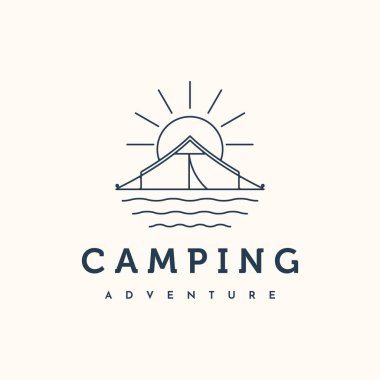 Kamp macera çizgisi sanat logosu vektör minimalist illüstrasyon tasarımı, macera açık hava kamp sembolü tasarımı